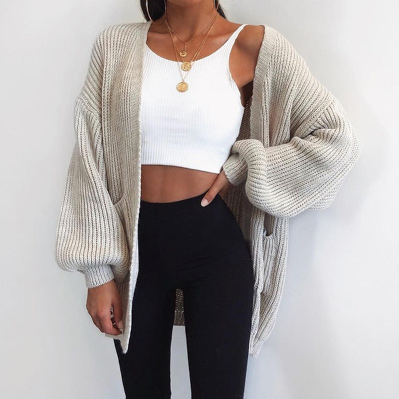 Solid color loose European and American sweater mid-length cardigan Limorista