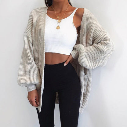 Solid color loose European and American sweater mid-length cardigan Limorista