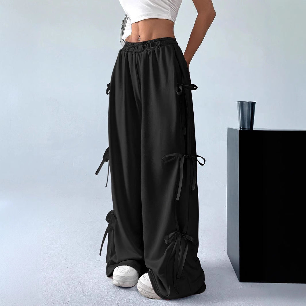 Elastic Waist Solid Color Bow Lace Up Casual Straight-leg Pants Limorista