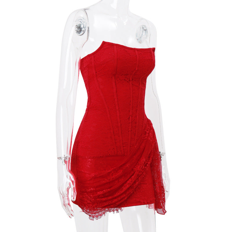 Strapless Lace Dress Party Women Fashion And Sexy Slim Skirt With Back Lace-up Design Limorista