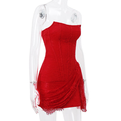 Strapless Lace Dress Party Women Fashion And Sexy Slim Skirt With Back Lace-up Design Limorista