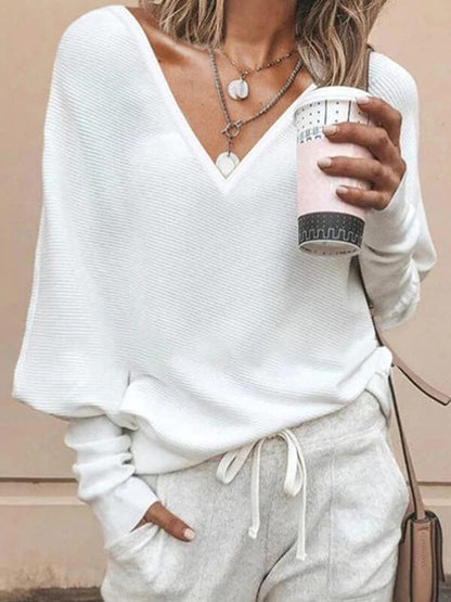 Solid Color And V-neck Batwing Sleeve Long Sleeve T-shirt Top For Women Limorista