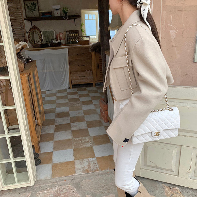 French Style Design Flap Pocket Zipper Short Woolen Coat Limorista