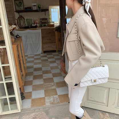 French Style Design Flap Pocket Zipper Short Woolen Coat Limorista