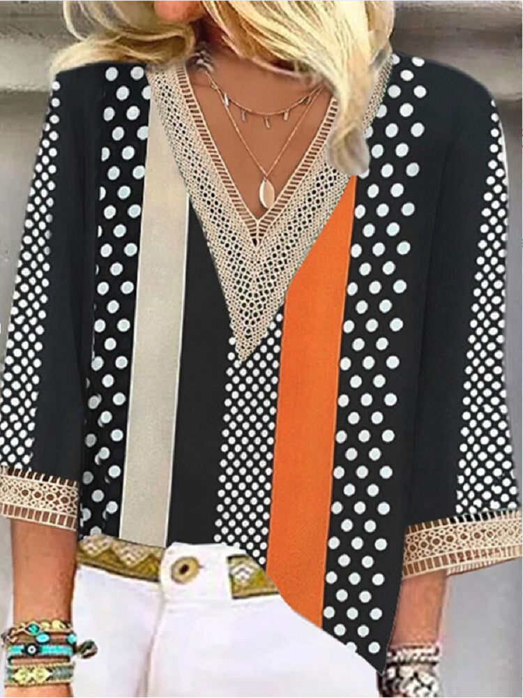 European And American Popular Fashion Loose Multi-color Floral Print Stitching Lace Half Sleeve V-neck Top Limorista