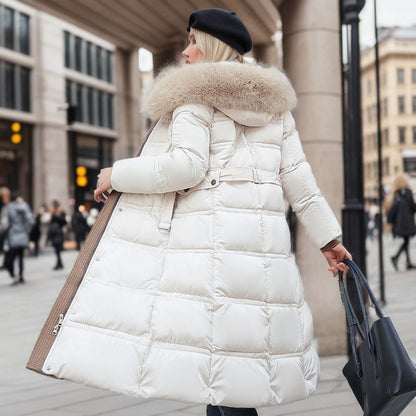 Winter Slim Long Jacket With Fur Hood And Belt Fashion Solid Hooded Coat Warm Clothing For Women Limorista