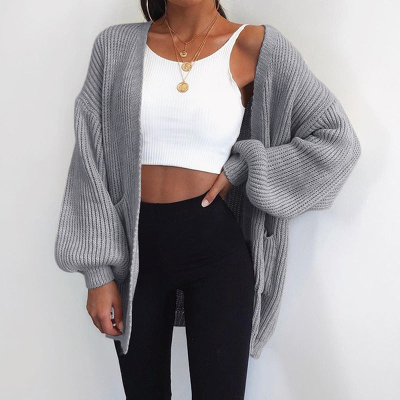 Solid color loose European and American sweater mid-length cardigan Limorista