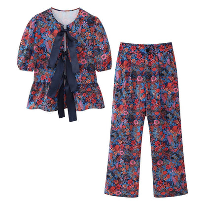 Flower Print Bowknot Decoration Short Sleeve Top Straight Casual Trousers Suit Limorista