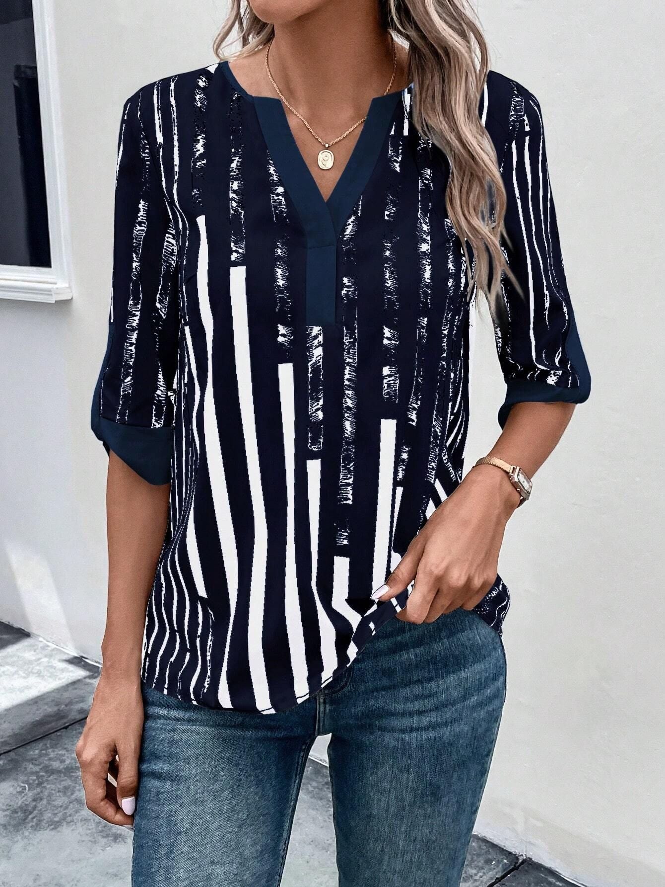 Double Matching Contrast Color Positioning Flower Half-sleeve Shirt Women&