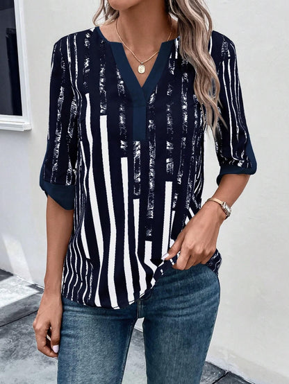 Double Matching Contrast Color Positioning Flower Half-sleeve Shirt Women&