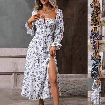Flowers Printing Long Sleeve Dress Fashion Square-neck Bottom Slit Dresses Womens  Clothing Limorista