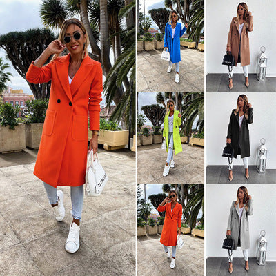 Long candy color lapel woolen coat Limorista