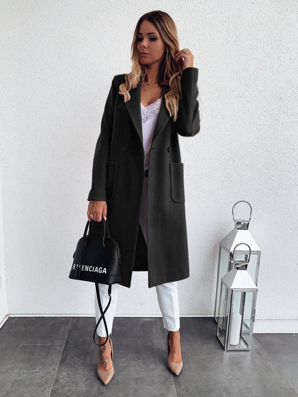 Long candy color lapel woolen coat Limorista