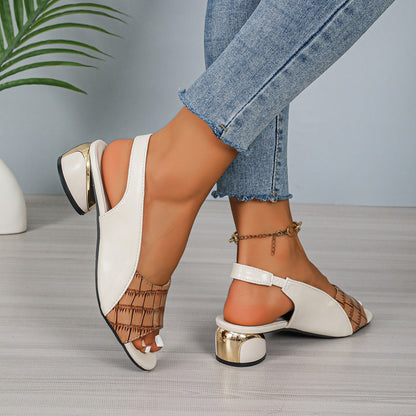 Ins Plaid Stone Pattern Sandals Summer Peep Toe Block Heels Ankle-strap Office Shoes For Women Limorista