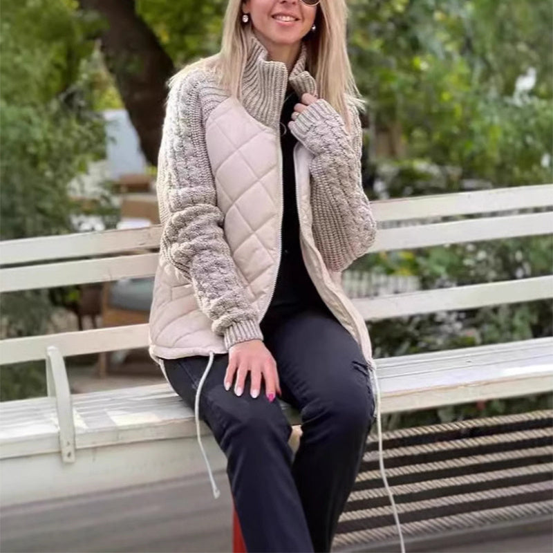 Stand Collar Cotton Jacket With Pockets Fashion Knitted Stitching Zipper Coat Winter Warm Tops For Women Limorista