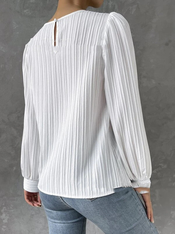 European And American Spring Round Neck Lantern Sleeve Solid Color Unity Long Sleeve Temperament Solid Blouse Limorista