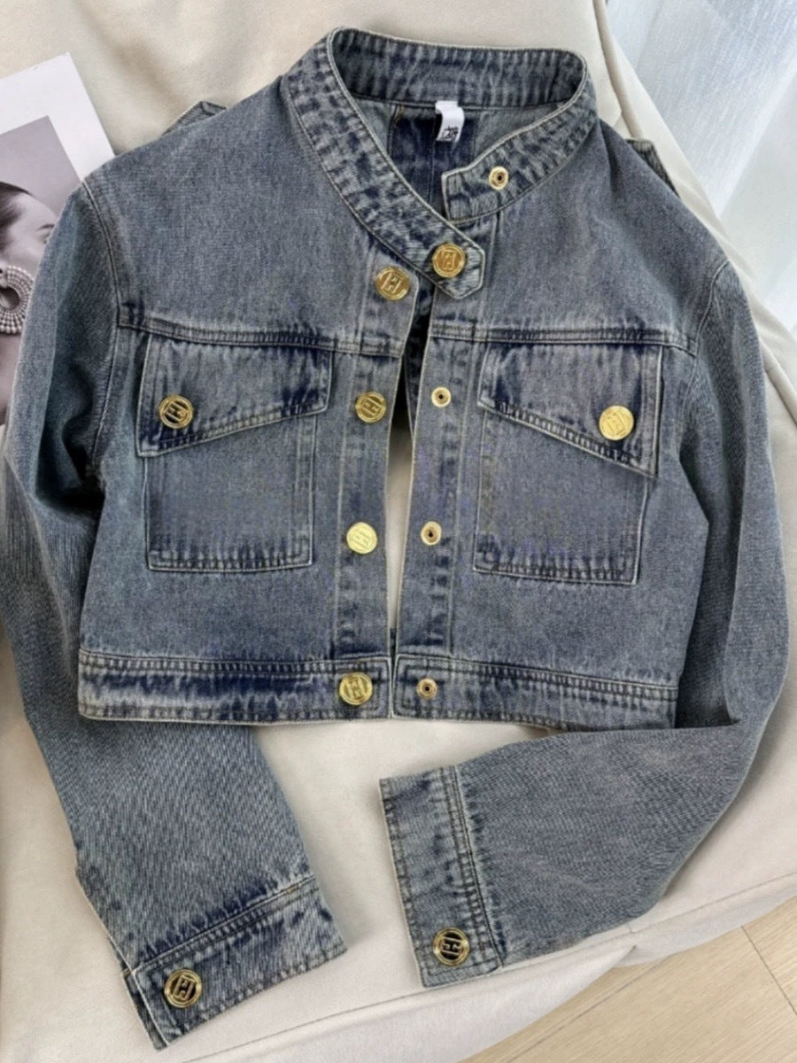 Design American Sweet Retro Personality Gold Button Short Denim Jacket For Women Limorista