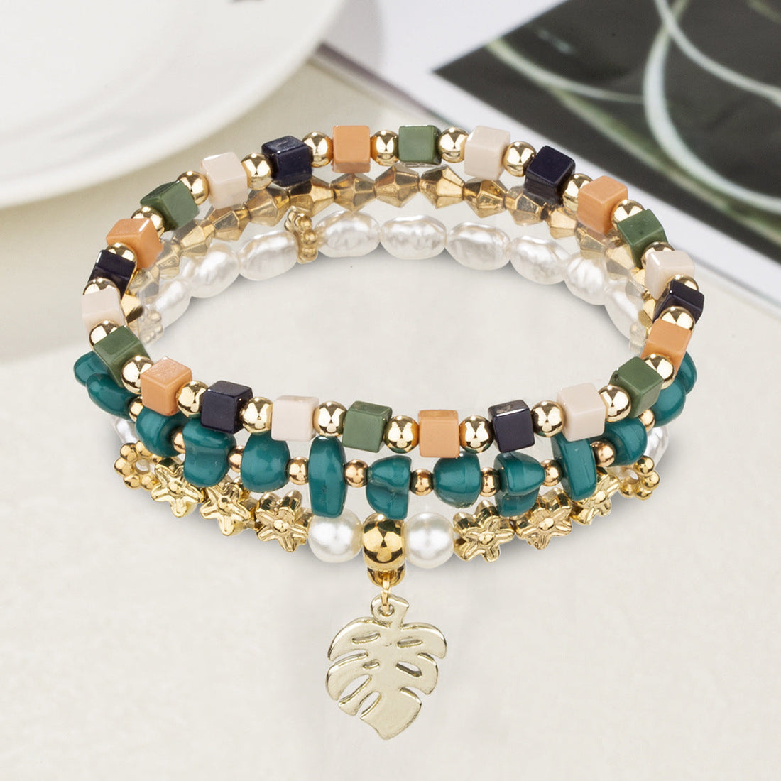 Leaf Pendant Irregular Vintage Pearl Ornamental Stone Bracelet Limorista