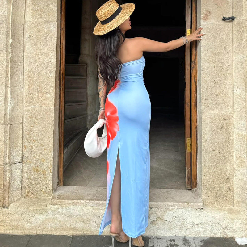 Slim Slit Tube Long Dress Summer Sexy Pint Party Beach Dresses Women&