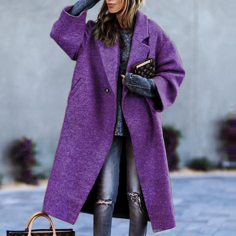 Autumn And Winter Long Woolen Color Temperament Commute No Belt Lapel Loose Woolen Green Coat Limorista