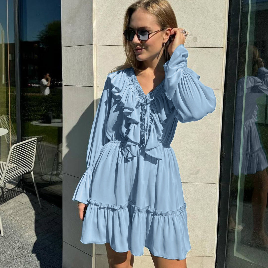 Fashion V Neck Pleated Ruffle Long Sleeve Dress Y2K V Neck Flared Sleeve Short Dress Women&