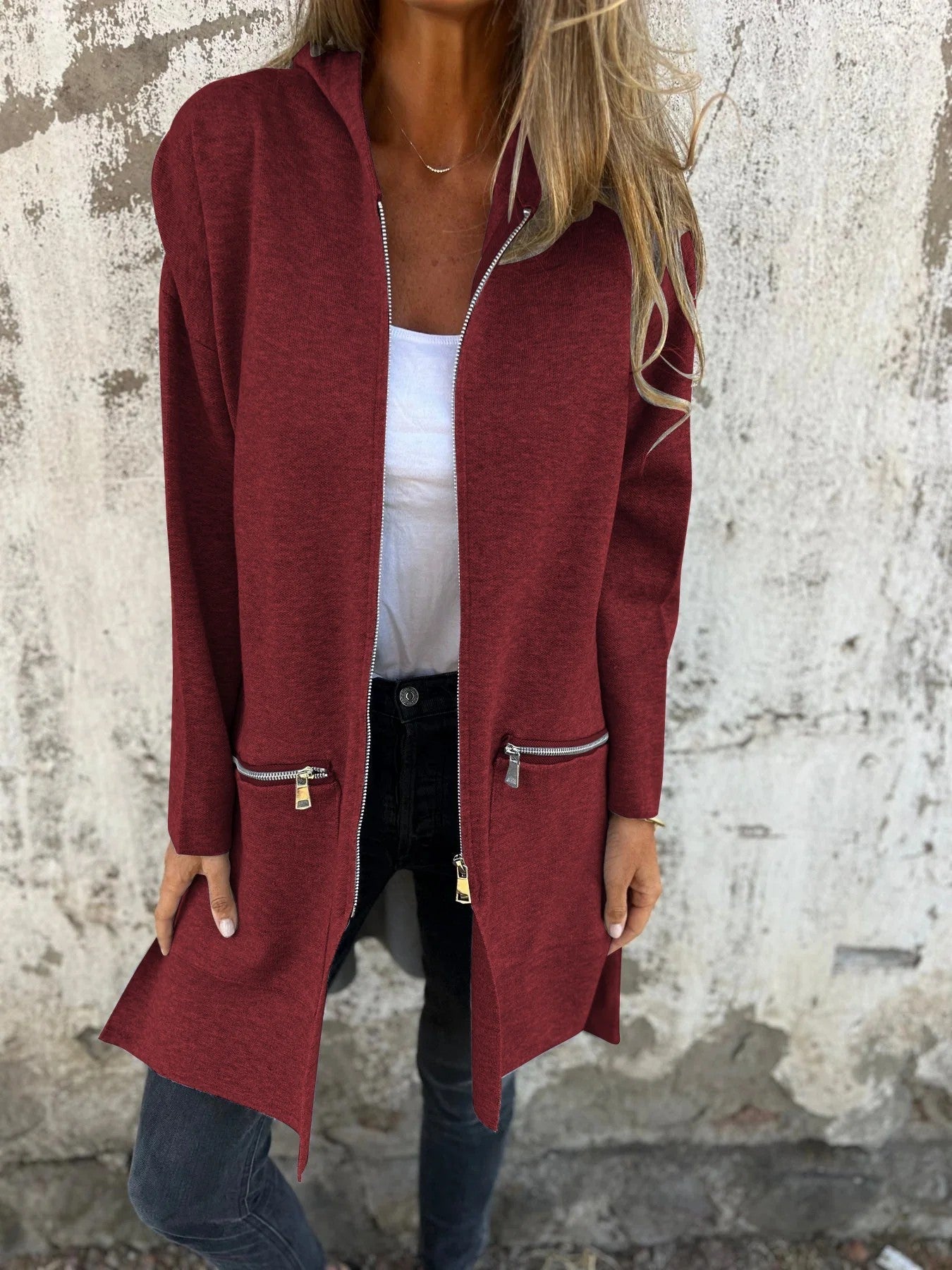 Autumn And Winter Solid Color Casual Zipper Hooded Jacket Coat Limorista