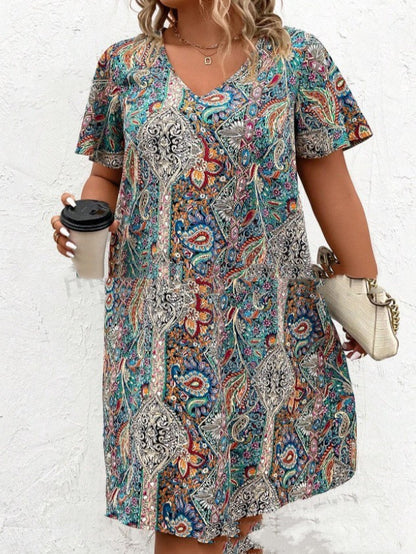 Printed V-neck Short Sleeve Dress Limorista