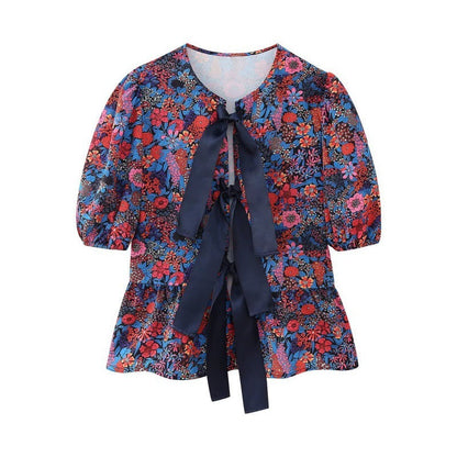 Flower Print Bowknot Decoration Short Sleeve Top Straight Casual Trousers Suit Limorista