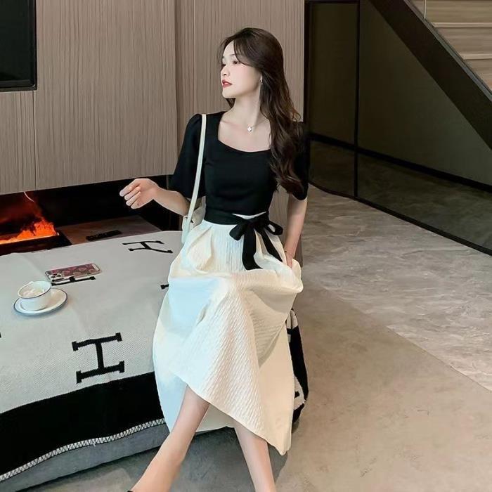 Square-neck Cinched Slimming Patchwork Niche Long Skirt Limorista