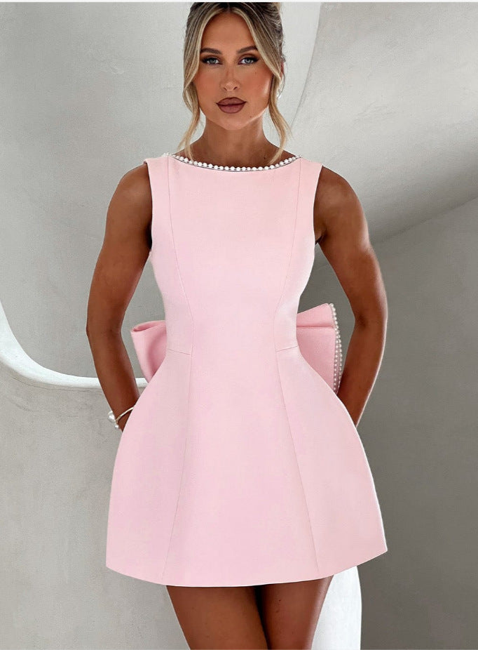 Fashion Big-Bowed Pearls Backless Dress Summer Slim Sleeveless A-line Dresses For Party Evening Women&