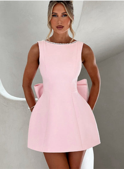 Fashion Big-Bowed Pearls Backless Dress Summer Slim Sleeveless A-line Dresses For Party Evening Women&