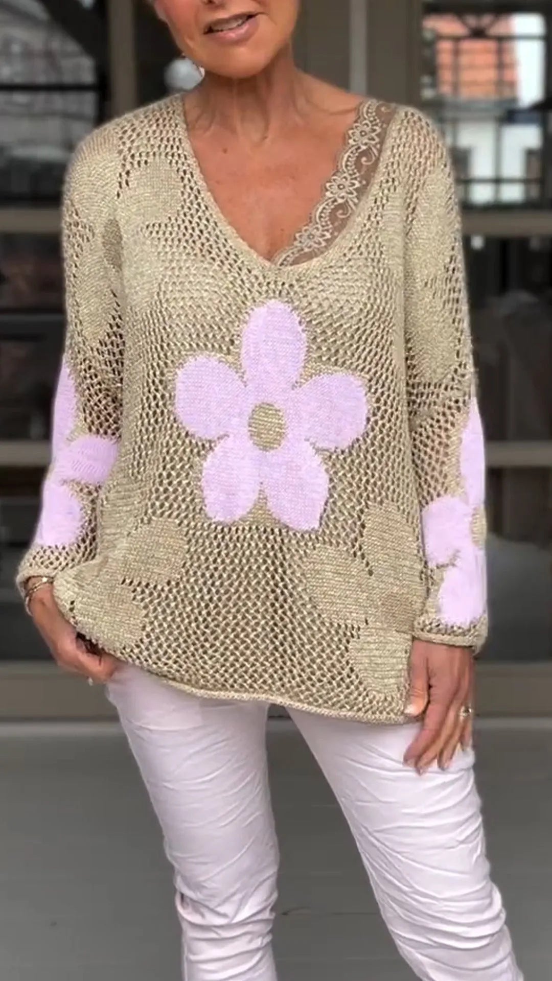 Floral Knitted Hollow Out V-neck Shirt Limorista