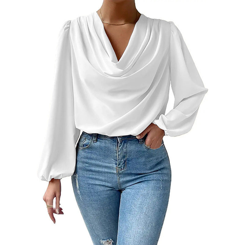 European And American Summer Chiffon Long-sleeved Shirt Loose Draped V-neck Top Limorista