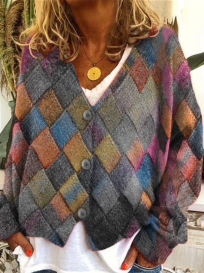 Spring And Autumn Casual V-neck Button Irregular Pattern Print Coat For Women Limorista