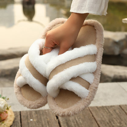 Fluffy Slippers Cross Strap Stitching Warm Casual Platform Slippers Limorista