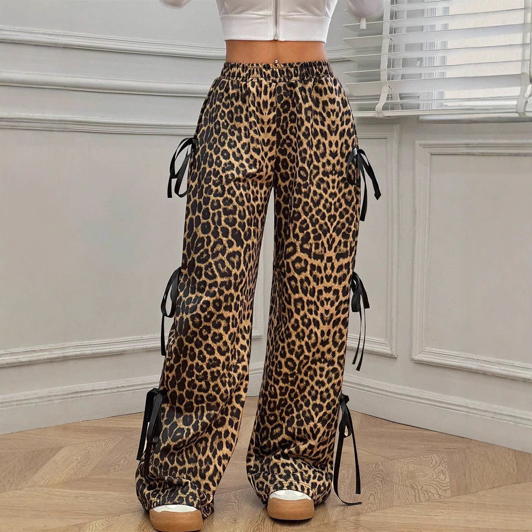 Elastic Waist Solid Color Bow Lace Up Casual Straight-leg Pants Limorista