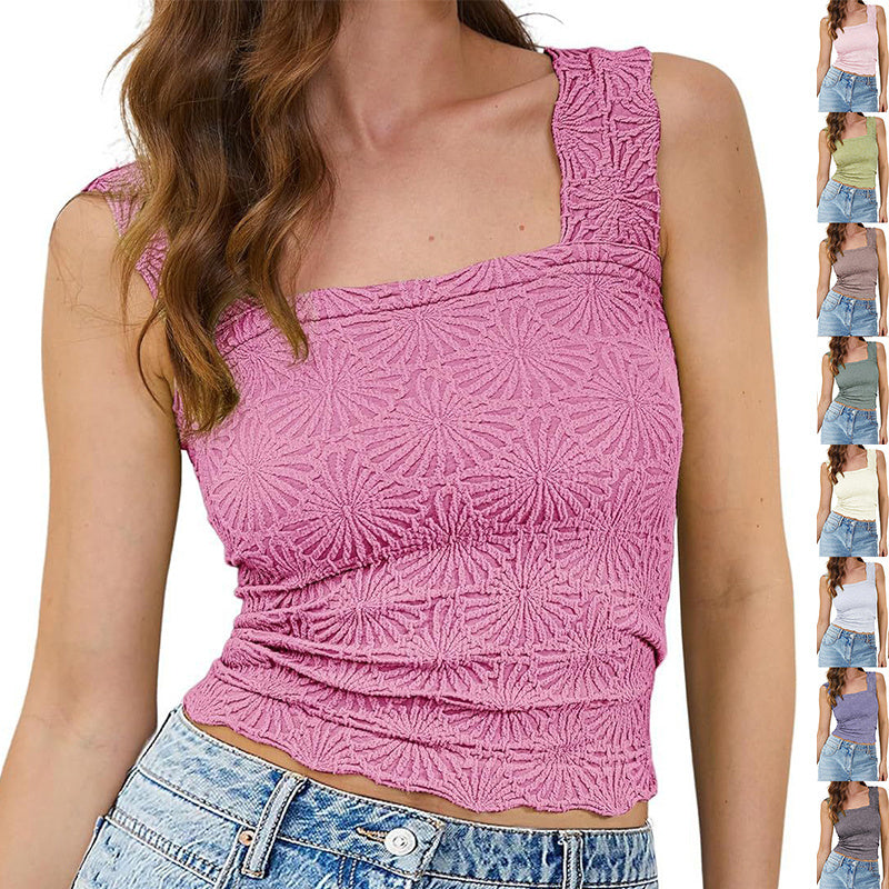New Slim Fit Square Neck Vest Summer Fashion Jacquard Sleeveless Top For Women Clothing Limorista