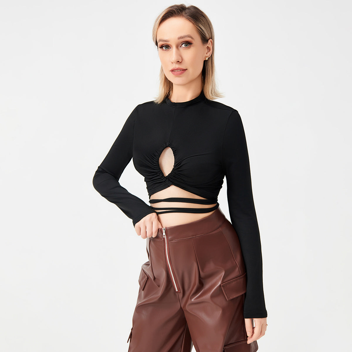 Long Sleeve Tie Cutout Sexy T-Shirt Women&