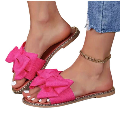 Flat Bottom Rhinestone Bowknot Slippers Women&