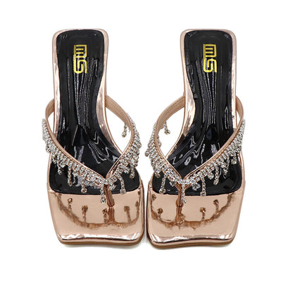 Square Toe Rhinestone High-heeled Outdoor Women&