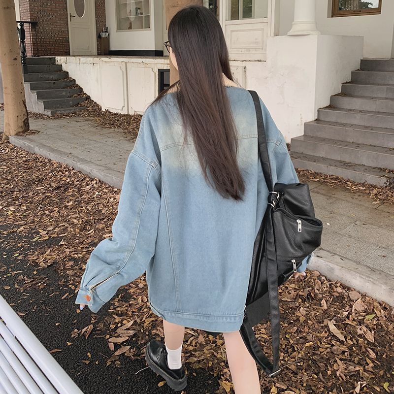 Retro Hong Kong Style Color Block Denim Coat Women&