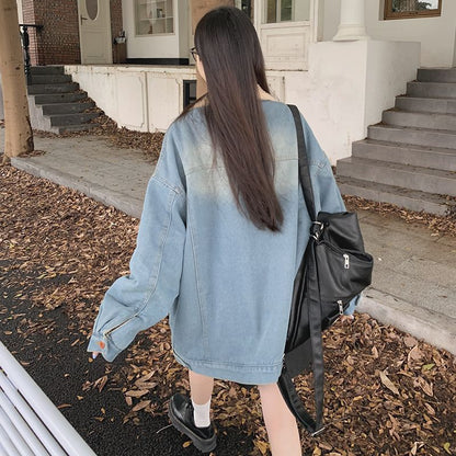 Retro Hong Kong Style Color Block Denim Coat Women&