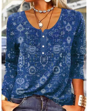 Long Sleeved Geometric Flower Mang U-neck Button Up T-shirt For Women Limorista