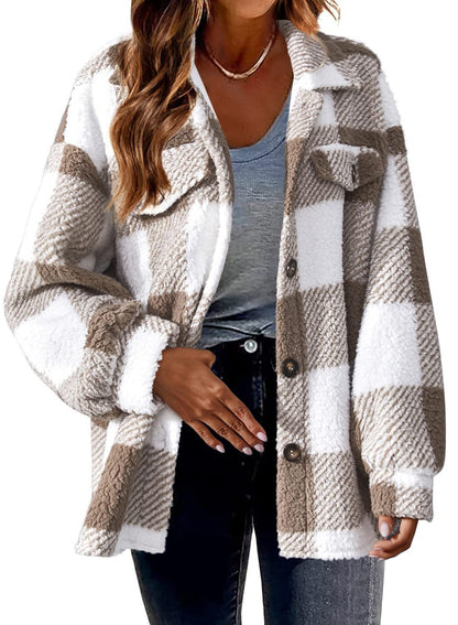 Turndown Collar Plaid Jacket With Pockets Single Breasted Button Down Woolen Jacket Autumn And Winter Clothes For Women Limorista