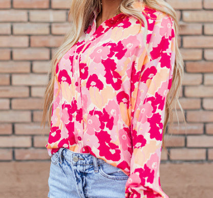 Blooming Floral Print Puff Sleeve Buttoned Shirt Limorista
