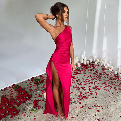 Sexy One-shoulder Backless Slit Dress Summer Elegant Slim-fit Solid Color Satin Dresses For Women Limorista