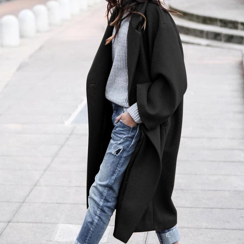 Casual Long Jacket With Pockets Solid Color Single Breasted Lapel Woolen Coat For Women Warm Winter Clothing Limorista