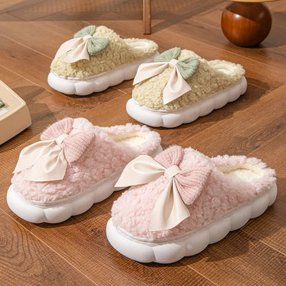 Winter Warm Fur Slippers For Women Cute Bow House Non Slip Soft Shoes Comfort Flat Heel Home Indoor Bedroom Plush Slippers Limorista