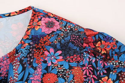Flower Print Bowknot Decoration Short Sleeve Top Straight Casual Trousers Suit Limorista
