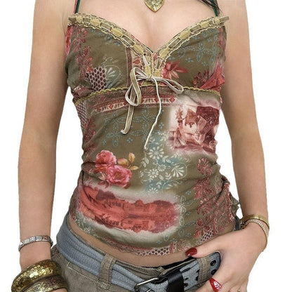 Vacation Style Plant Print Ribbon Lace Splicing Sling Vintage Slim-fit Tank Top Limorista